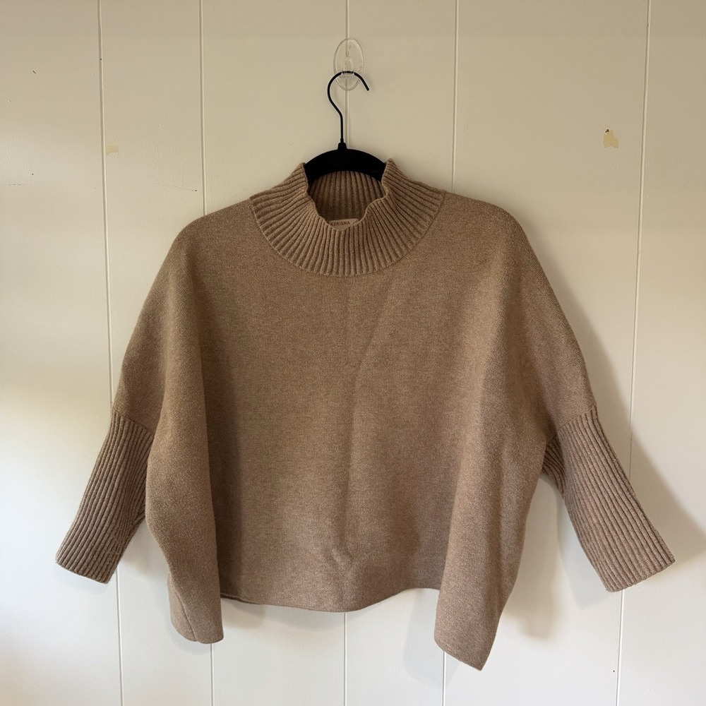 Kerisma Aja Sweater O/S Beige Taupe Angora Blend Mock Neck Boxy Dolman Sleeve